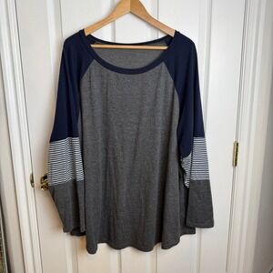 Raglan Sleeve Contrast Stripe Long Sleeve Shirt Top Blue Gray 3X Plus Loungewear